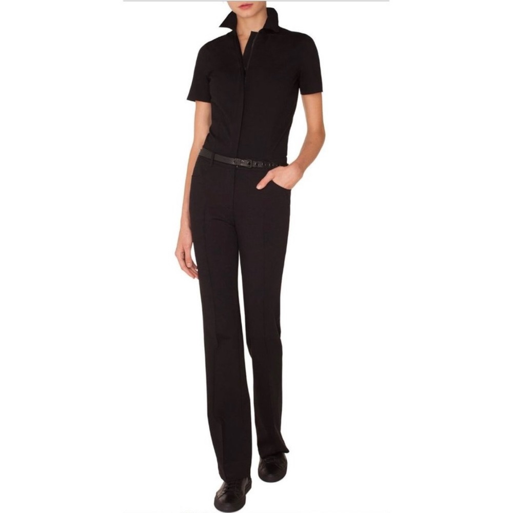 AKRIS PUNTO Short-Sleeve Straight-Leg Stretch-Cady Jumpsuit w/ Leather Belt